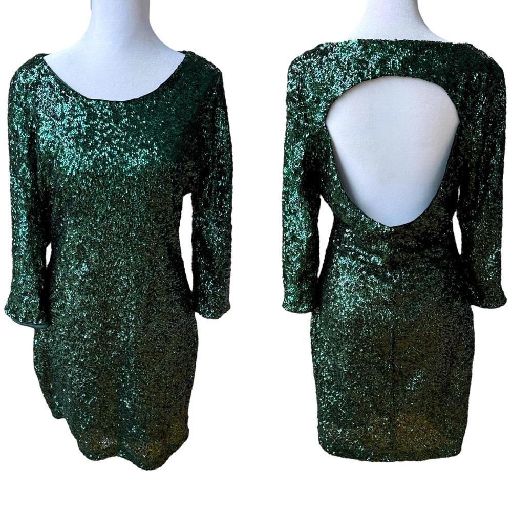 Express Emerald Green Sequin Long Sleeve Backless Formal Homecoming Mini Dress 8